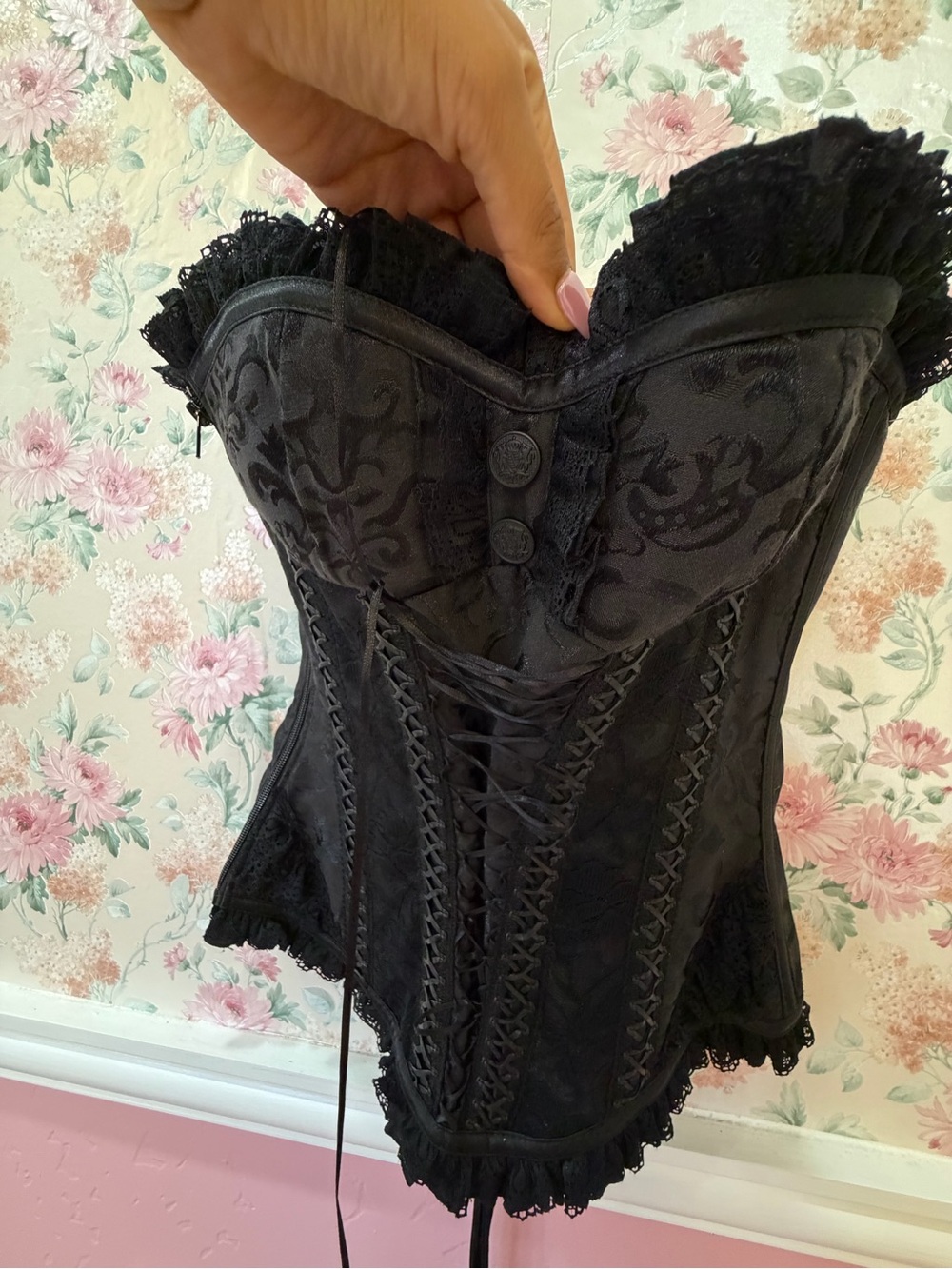 American Vintage Black Lace-Up Brocade Bustier Corset - Picture 3 of 8